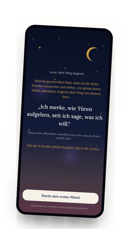 Beispielkonto Lena, ihr erster Satz: Enara begründet ihn mit Lenas eigenen Worten, darunter die Affirmation, dass Türen aufgehen, seit sie sagt, was sie will