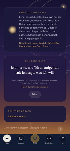 Beispielkonto Lena, Startseite: eine Notiz von Enara nach Lenas Morgenritual, sie knüpft an das Angebot für die Gründerin an, darunter ihr Schritt für heute