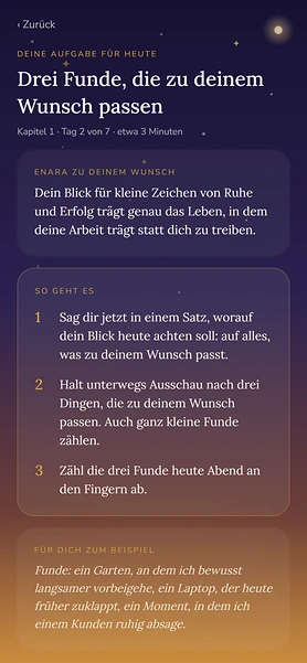 Beispielkonto Lena, Aufgabe des Tages: Drei Funde, die zu deinem Wunsch passen, darunter Enaras Satz zu Lenas Wunsch und die Schritte der Aufgabe