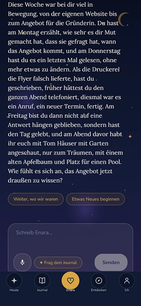 Beispielkonto Lena, Gespräch mit Enara: Enaras Rückblick auf Lenas Woche, von der eigenen Website über das Angebot für eine Gründerin bis zu den falsch gelieferten Flyern, am Ende eine Frage
