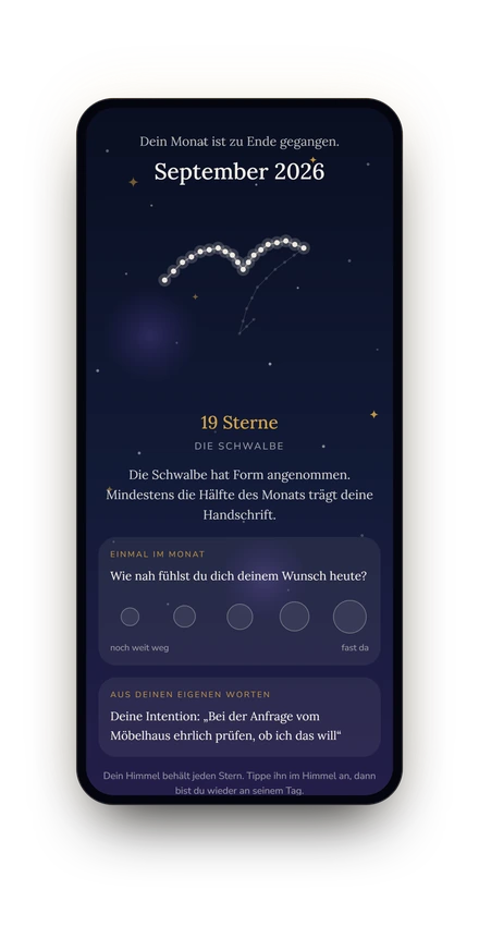 Beispielkonto Lena, Monatsrückblick: September 2026 mit 19 Sternen, die Schwalbe hat Form angenommen, darunter die Frage, wie nah sich der Wunsch anfühlt