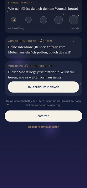 Beispielkonto Lena, Monatsrückblick September: die Frage, wie nah sie sich ihrem Wunsch fühlt, eine Intention aus ihren eigenen Worten und der Übergang zu ihrem zukünftigen Ich