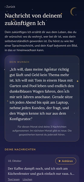 Beispielkonto Lena, Nachricht von deinem zukünftigen Ich: oben Lenas Wunsch in ihren eigenen Worten, darunter ihre Nachrichten zum Anhören