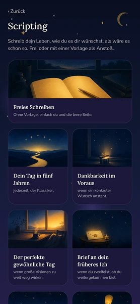 Beispielkonto Lena, Bereich Scripting: oben Freies Schreiben, darunter die Vorlagen Dein Tag in fünf Jahren, Dankbarkeit im Voraus, Der perfekte gewöhnliche Tag und Brief an dein früheres Ich, jede mit gemaltem Bild