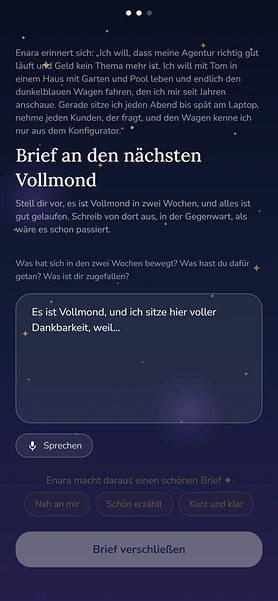Beispielkonto Lena, Mondritual an Neumond: Enara erinnert an Lenas Wunsch, darunter der Brief an den nächsten Vollmond mit Leitfragen und Schreibfeld