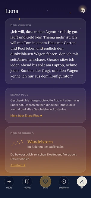 Beispielkonto Lena, Bereich Ich: oben Lenas Wunsch, darunter die Karte Enara Plus mit dem Satz, dass Plus bis morgen geschenkt ist und danach Rituale, Journal und alles Geschriebene kostenlos bleiben