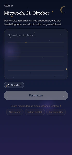 Beispielkonto Lena, freies Schreiben: das leere Blatt, darunter der Knopf Sprechen und die drei Arten, einen Eintrag zu formen: Nah an mir, Schön erzählt, Kurz und klar