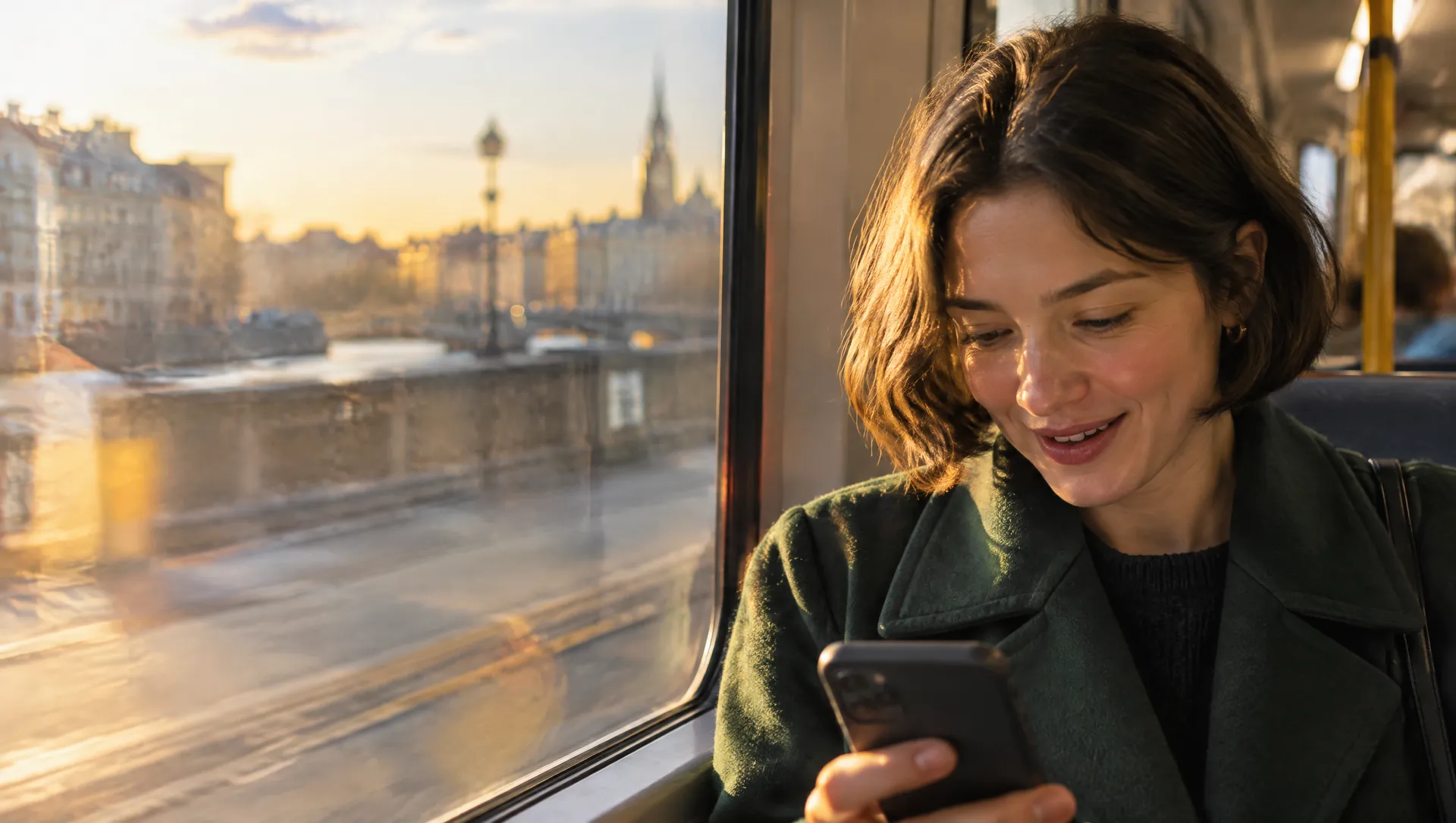 Eine junge Frau im grünen Mantel sitzt am späten Nachmittag in der Straßenbahn, die Sonne fällt durchs Fenster, und sie lächelt über eine Nachricht auf ihrem Handy
