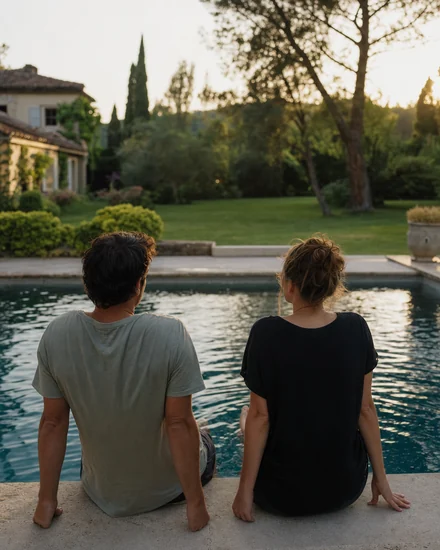 Ein Paar sitzt, von hinten gesehen, am Rand eines Pools vor einem großen Garten mit Bäumen und einem Haus