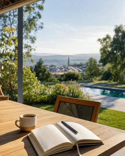 Eine Terrasse am Morgen mit Blick über Garten und Pool, auf dem Holztisch ein aufgeschlagenes Notizbuch mit Stift und eine Tasse Kaffee