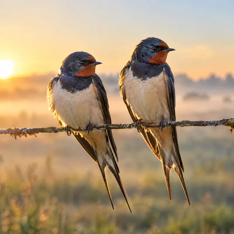 Zwei Rauchschwalben sitzen bei Sonnenaufgang auf einem alten Draht über einer nebligen Wiese