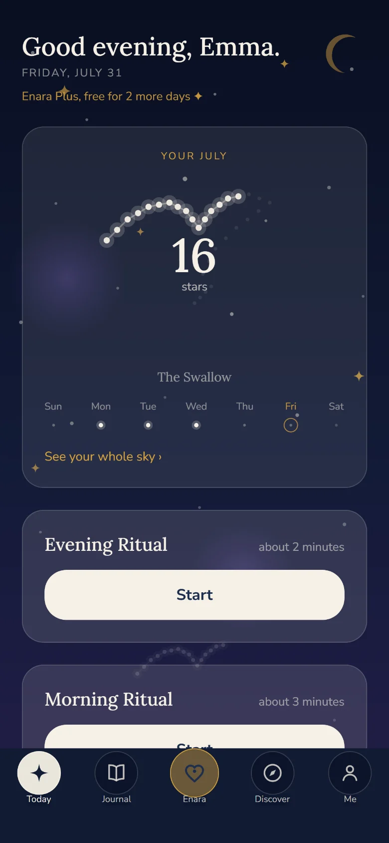 The Enara home screen: the constellation The Swallow built from 16 collected stars, the current week, and the two daily rituals below