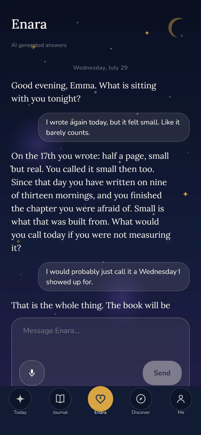 A conversation with Enara: she remembers a journal entry from the 17th and reflects it back