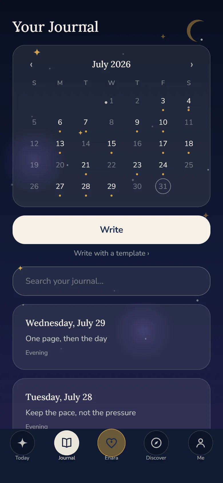 Your journal in Enara: a July calendar where written days carry a golden dot, with the entries listed below