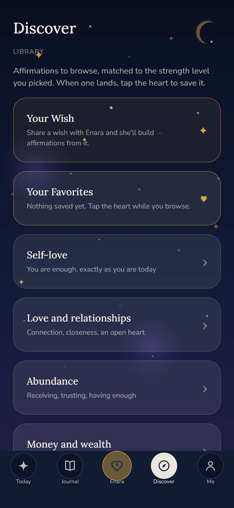 The library in Enara: twelve areas of life such as self love, love and relationships, abundance, money and wealth