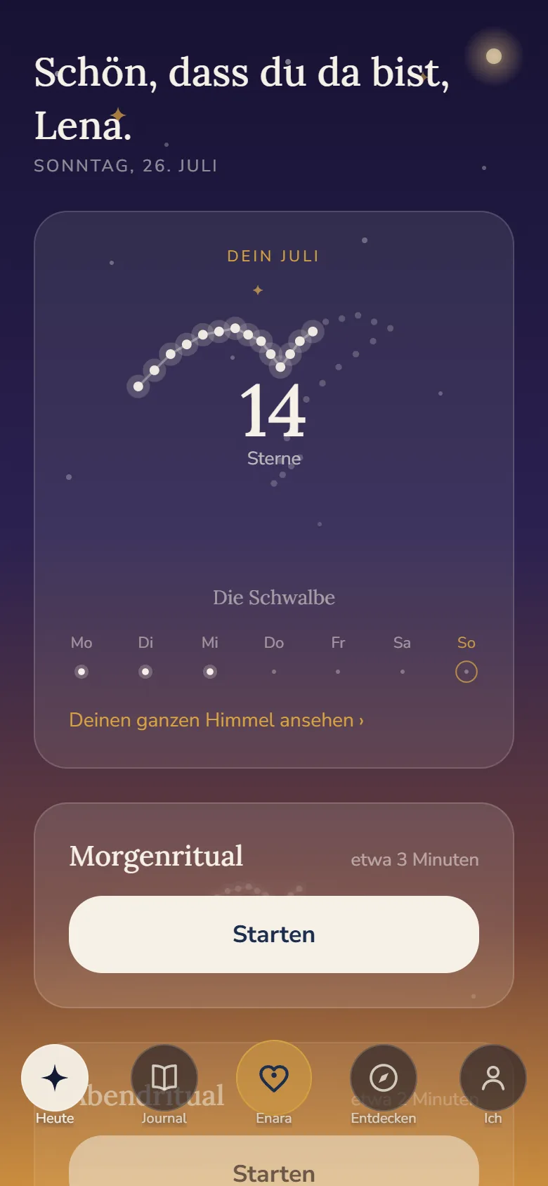 Der Startbildschirm der Enara App: das Sternbild Die Schwalbe aus 14 gesammelten Sternen, die laufende Woche und darunter das Morgenritual