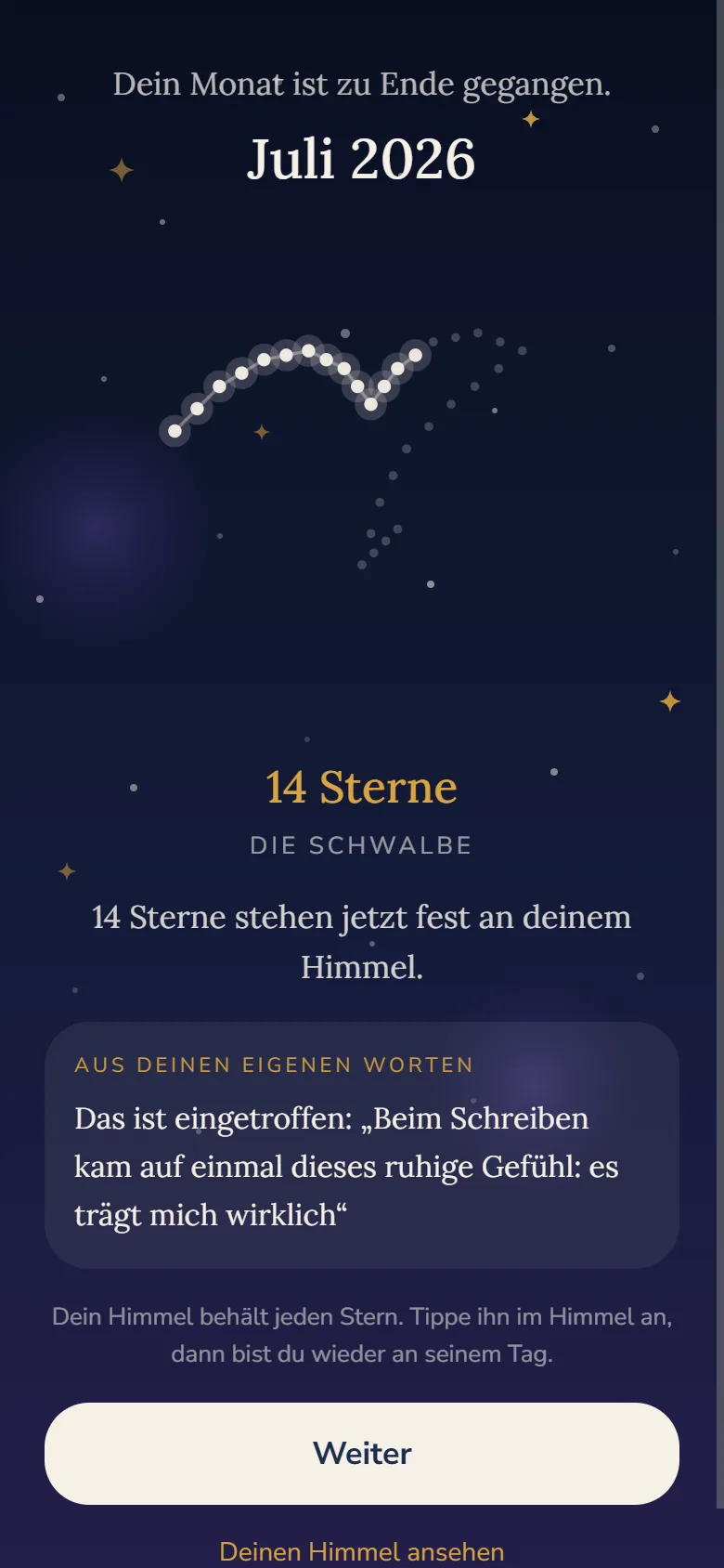Der Monatsabschluss in Enara: das fertige Sternbild, 14 Sterne und ein eigener Satz aus diesem Monat