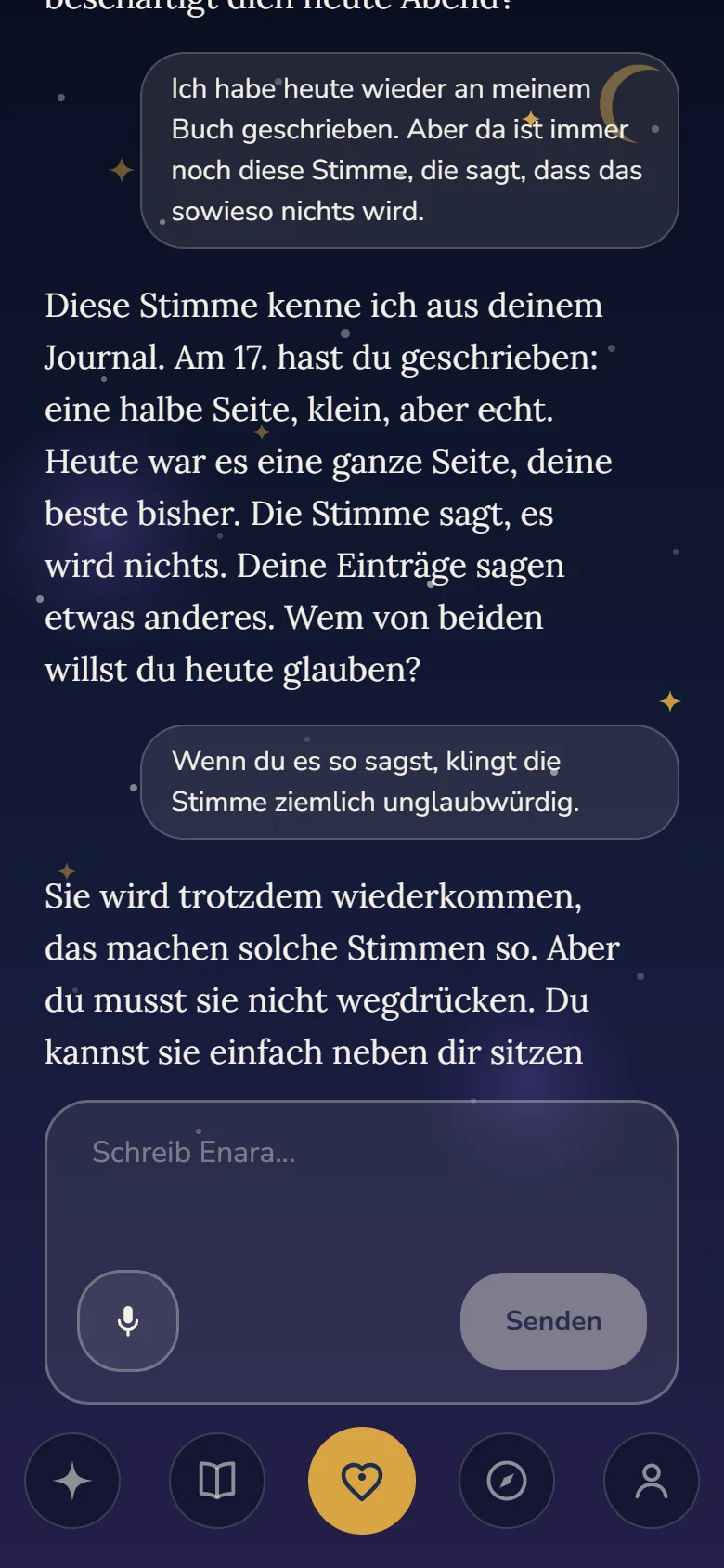 Ein Gespräch mit Enara: sie erinnert sich an einen Journaleintrag vom 17. und spiegelt ihn zurück