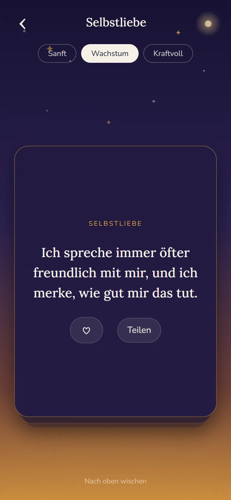 Das Sternendeck in Enara: eine Affirmationskarte aus der Kategorie Selbstliebe in der gewählten Satzstärke